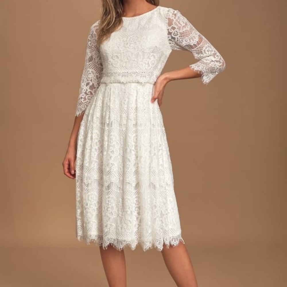 Lulus White Lace Three-Quarter Sleeve Midi Dress